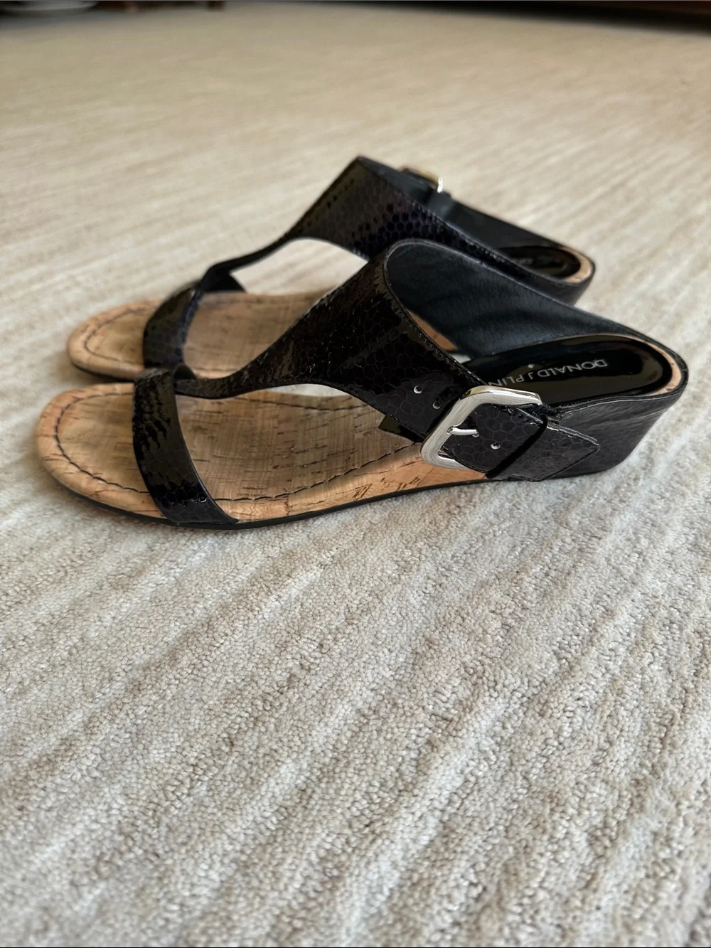 Donald J Pliner Doli Leather Buckle Cork Wedge Sandals Shoes Black Patent 9.5